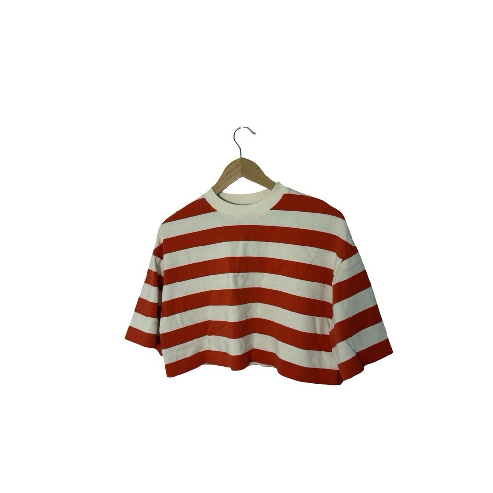 Cos High Line Relaxed Boxy Ultra Cropped orange striped T-Shirt Size Small